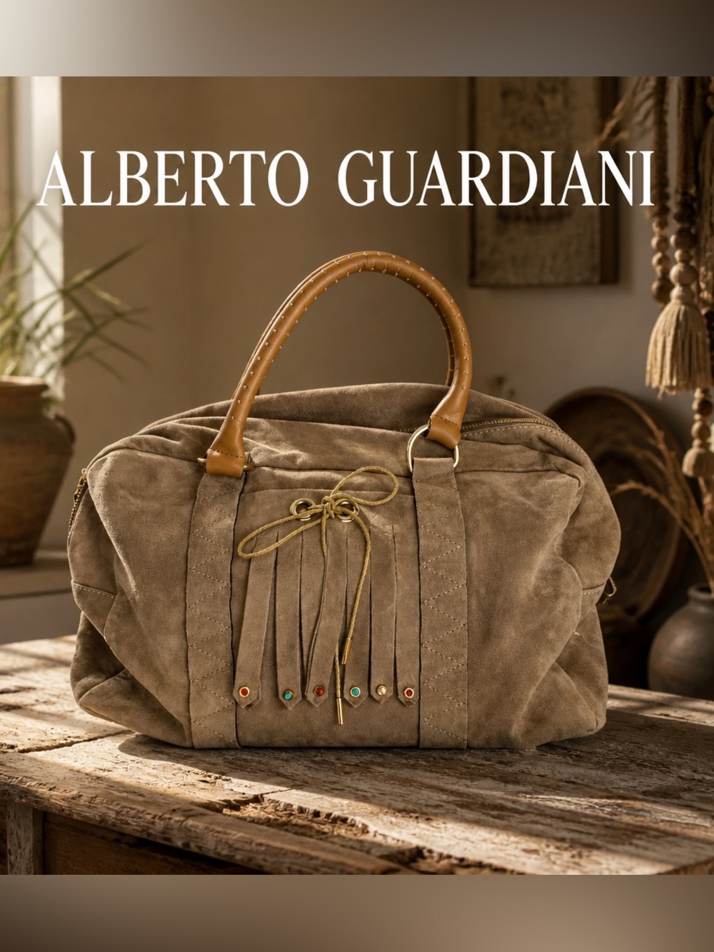 Alberto Guardiani Taupe Suede Bohemian made in Italy satchel w/ Leather Handles